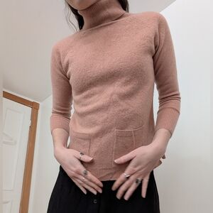 Max Studio Dusty Rose Cowl Neck Pocket Sweater 100% Merinos Wool XS